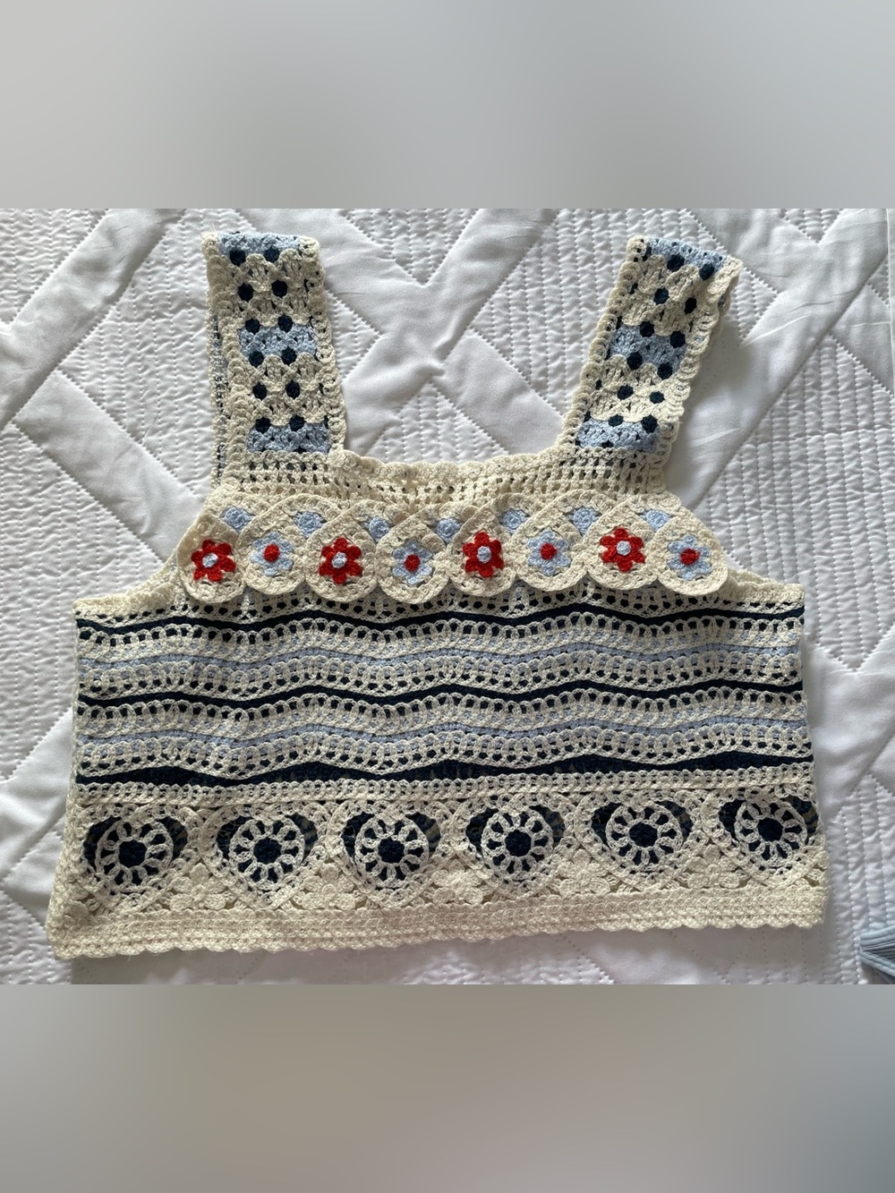 Crochet Tank Top in Cream, Navy & Red Accents